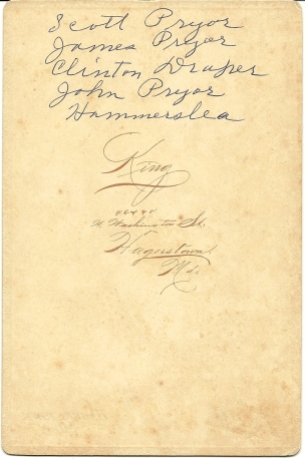 Reverse of cabinet card photograph of John, Scott, James Pryor, Clinton Draper and Joe Hammersla